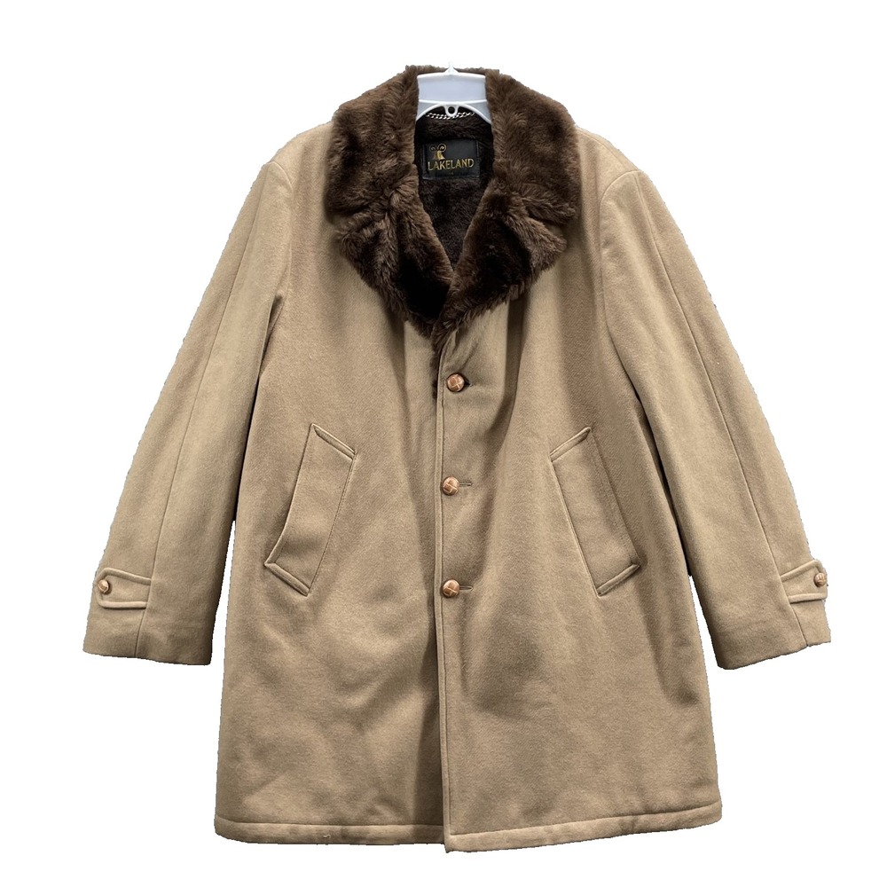 VTG Lakeland Swing Coat Men XL 100% Wool Faux Fur Collar Y2K 70s Corpcore Winter